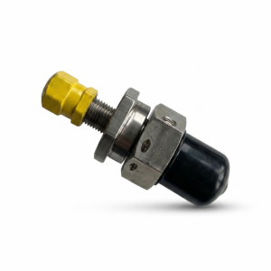 Caterpillar 440-2667 heavy-duty hydraulic recharge valve featuring a metal hex body with yellow and black protective caps.