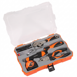 Kendo KEN86135 26-piece household hand tool set in an open orange and clear plastic storage case, displaying combination pliers, an adjustable wrench, screwdrivers, a utility knife, a tape measure, and screwdriver bits.