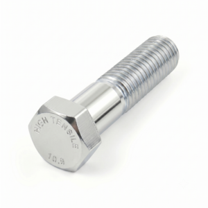 Grade 10.9 high tensile zinc-plated hex head bolt with clear "HIGH TENSILE 10.9" head stamp markings, shown on a clean white background.