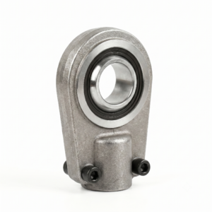 A heavy-duty steel spherical rod end bearing with a PTFE liner and integrated split-clamp housing for secure shaft attachment, including two black socket head cap screws, on a pure white background.