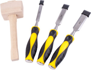 Three high-visibility yellow and black wood chisels in 13mm, 19mm, and 25mm sizes alongside a solid wooden woodworking mallet.