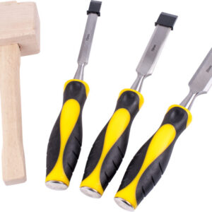 Three high-visibility yellow and black wood chisels in 13mm, 19mm, and 25mm sizes alongside a solid wooden woodworking mallet.